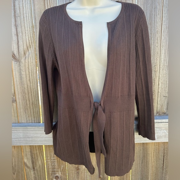 Talbots Sweaters - Talbots Petites Brown Ribbed Open-Front Cardigan - Size L petite
